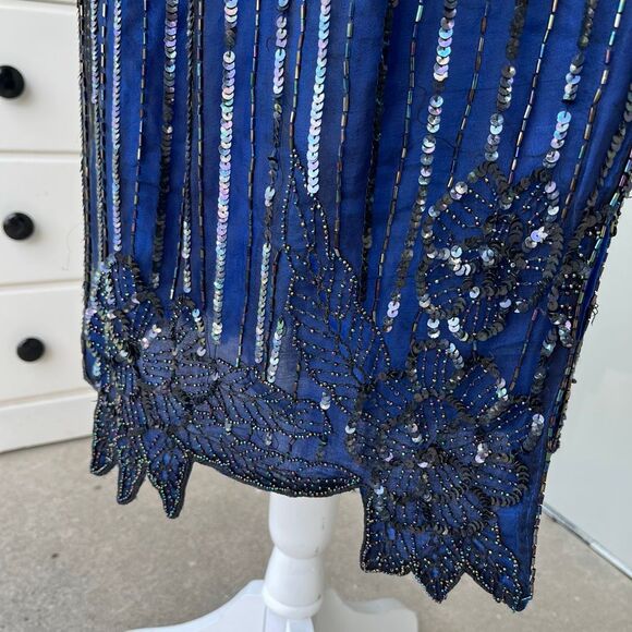 VTG Mark & John II Beaded Silk Skirt Black Blue Floral Hem 90s Evening - Picture 4 of 5